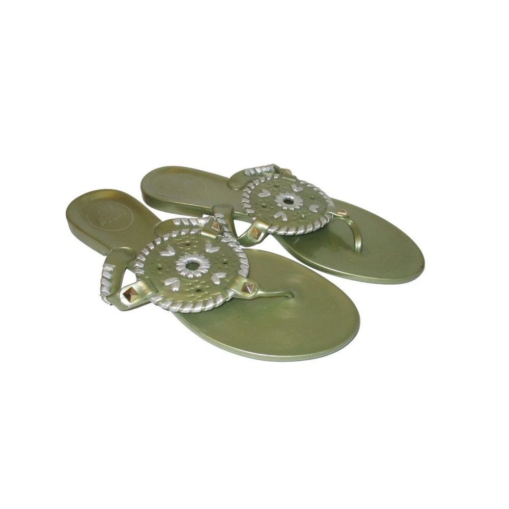 SAC*Jack Rogers Green and Silver Metallic Medallion Motif Thong Sandal - Picture 2 of 5